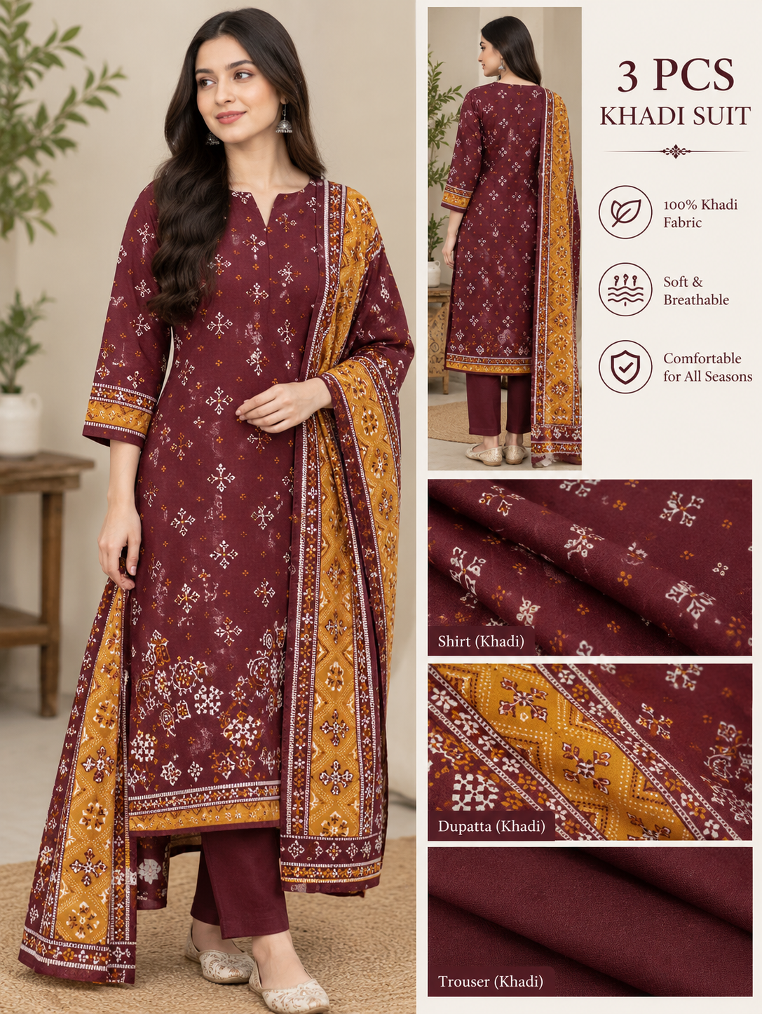 Khadi Premium 3-Piece Khaddar Unstitched Suit