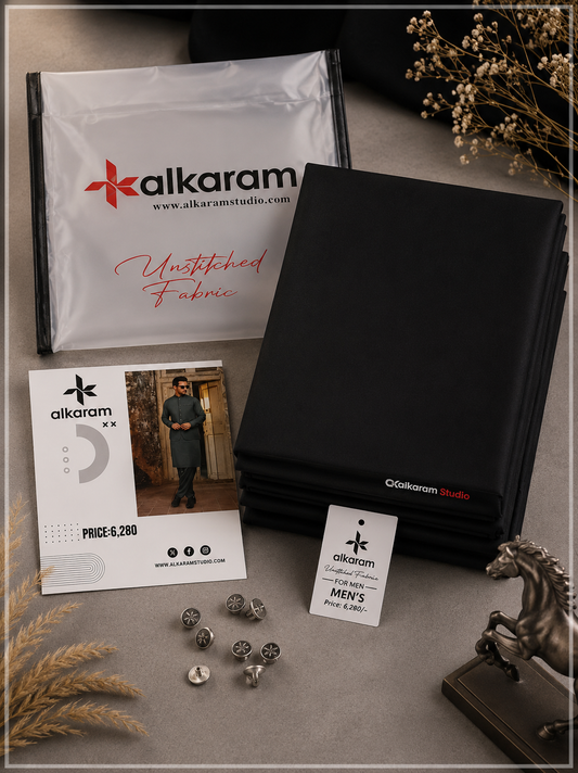 Alkaram Studio Black Cotton Unstitched Fabric for Men Premium Soft Cotton