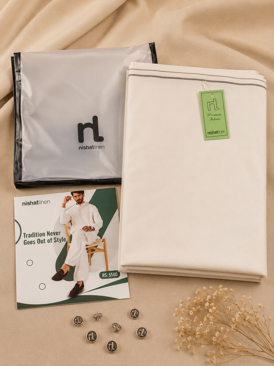 Nishat Linen Men's Premium Wash & Wear Unstitched Suit Off White Original Fabric