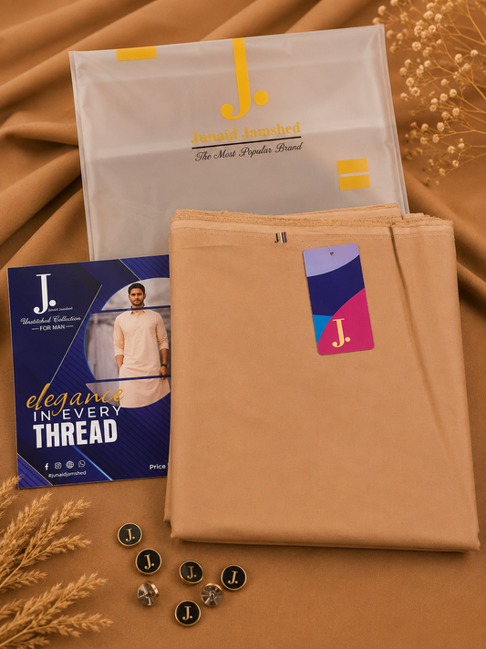 Original J. Junaid Jamshed Men's Unstitched Suit  Premium Soft Cotton Camel Brown